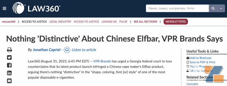 ELFBAR反诉VPR外观侵权 VPR称ELFBAR没有任何独特之处可以模仿